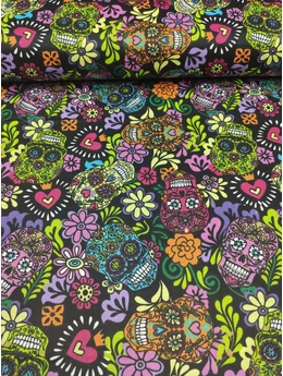 mintás pamutvászon /mexikói koponyák (türkizkék calavera 4.9cm×7.8cm) /fekete
