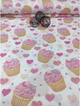 mintás pamutvászon /szívecskés muffinok (muffin 6cm×8cm) /rózsaszín-fehér