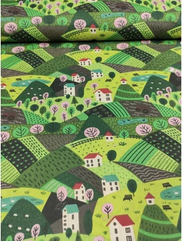 mintás pamutvászon /falu a dombok között (tó paddal 2.1cm×7.5cm) /szürke-zöld