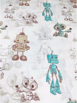 mintás pamutvászon /robotok (drapp robot 16cm×7cm) /fehér