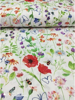 mintás pamutvászon /220cm széles /tavaszi hangulat (méhecske 4.5cm×2.7cm) /fehér