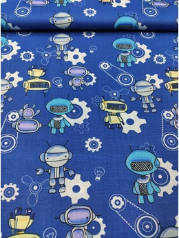 mintás pamutvászon /kék robotok (türkiz robot 4,5cm×7.5cm) /sötét farmerkék