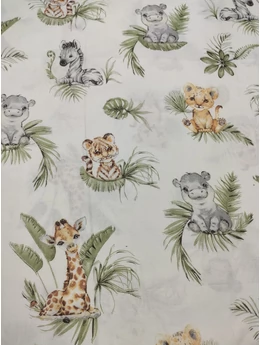 mintás pamutvászon /vidám állatok a Safariban (zsiráf a levelek közt 14.5cm×17.5cm) /törtfehér
