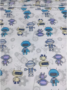 mintás pamutvászon /kék robotok (türkiz robot 4.5cm×7.5cm) /fehér