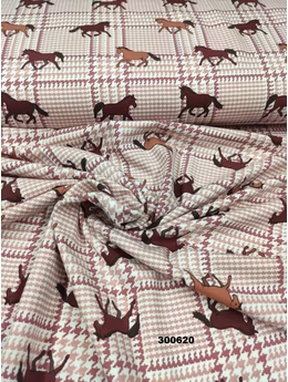 elasztikus mintás pamut jersey / lovak /tyúklábminta/ mályva