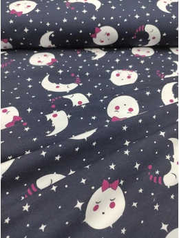 elasztikus mintás pamut jersey /mesebeli égbolt (pink masnis telihold átmérője 4.2cm) /sötétkék