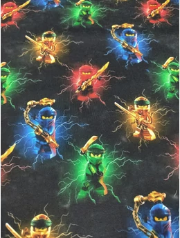 elasztikus mintás pamut jersey DIGITAL print /Ninja lego (kék figura 5.2cm×3cm) /fekete