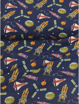 elasztikus mintás pamut jersey GOTS minősítéssel /űrutazás (műhold 5cm×5cm) /sötétkék