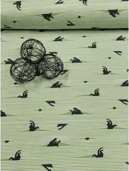 organikus elasztikus mintás pamut jersey /redőnyös cicák (cica szemből 2cm×3cm) /világoszöld