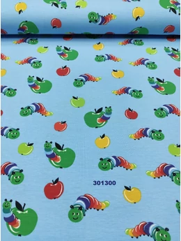 elasztikus mintás pamut jersey /kukacos alma (alma2*1,8 cm) /világoskék