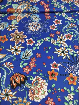 mintás venezia /hideg jersey /népi virág motívumos (fekete-terrakotta virág 8.7cm×9.2cm) /királykék