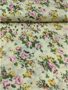 mintás pamut voile /rózsaszín-sárga virágok (legnagyobb csokor 11.4cm×8.6cm) /halvány sárga
