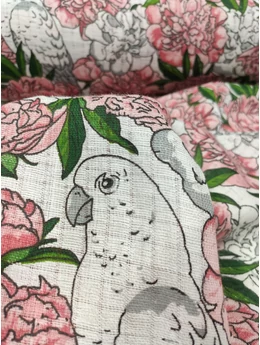 pelenka anyag /papagáj rózsákkal (papagáj 8cm×18cm) /szürke-mályva-fehér
