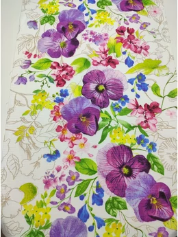 mintás darázs anyag /50cm széles /színpompás virágok (legnagyobb árvácska 12cm×11.5cm) /törtfehér