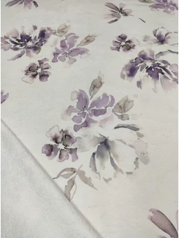 mintás bambusz frottír /festett lila virágok (nagy fehér virágos csokor 24.5cm×16.5cm) /törtfehér