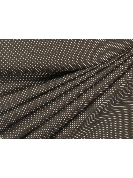 Sötétbarna-fehér pöttyös 100% pamut, 140cm széles mintás pamutvászon, oeko tex minősítéssel.