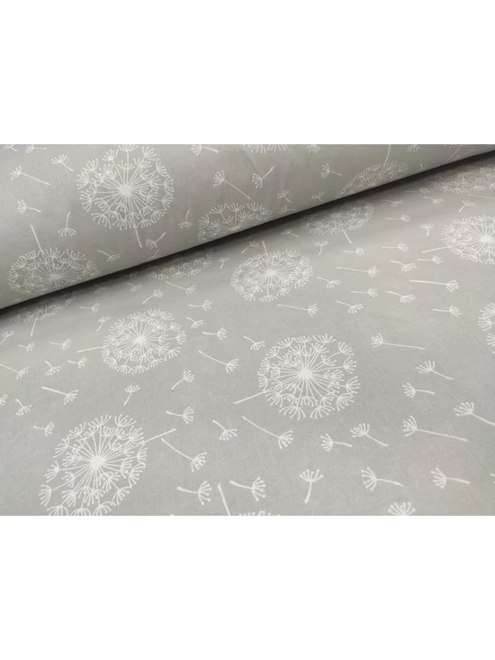 mintás pamutvászon /fehér pitypangok (pitypang fejének átmérője 7.7cm) /világosszürke
