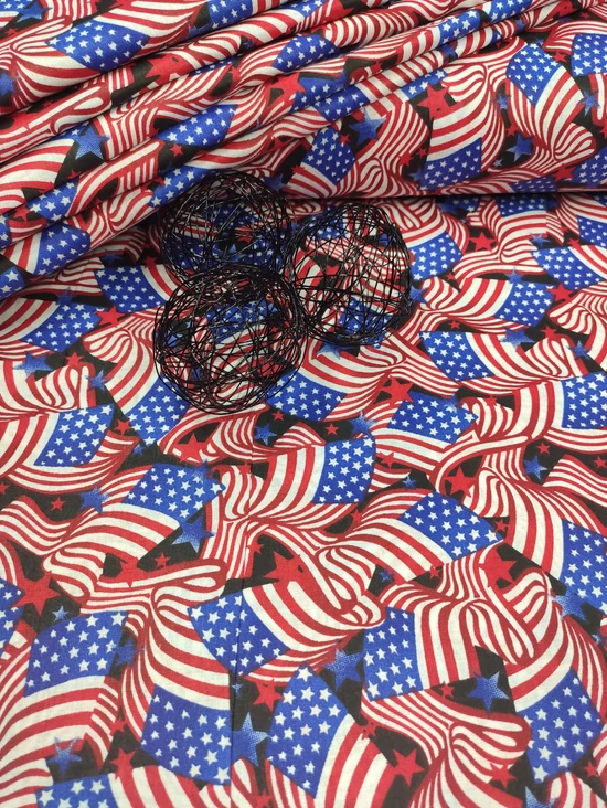 mintás pamutvászon /amerikai zászlók csillagokkal (legnagyobb kék csillag 1.6cm×1.6cm) /fekete