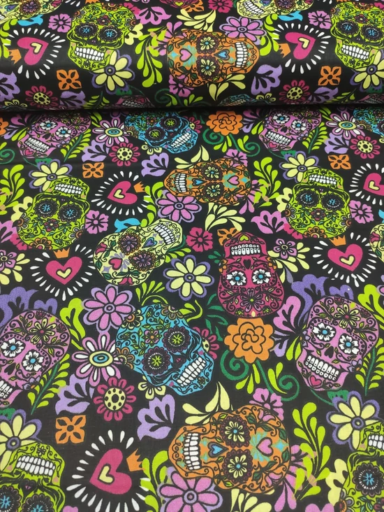 mintás pamutvászon /mexikói koponyák (türkizkék calavera 4.9cm×7.8cm) /fekete