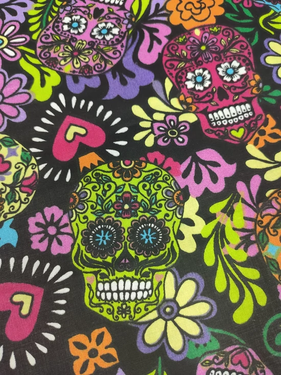 mintás pamutvászon /mexikói koponyák (türkizkék calavera 4.9cm×7.8cm) /fekete