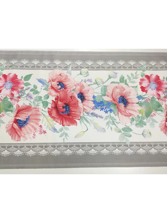 mintás pamutvászon /50 cm széles /bordűrös /pipacsok (legnagyobb 9.5cm×14cm) /fehér-szürke