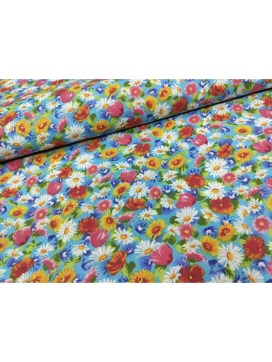 mintás pamutvászon /színes virágok (tulipán feje 2cm×2cm) /türkizkék