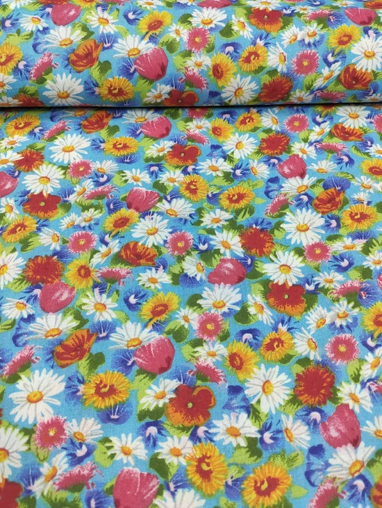 mintás pamutvászon /színes virágok (tulipán feje 2cm×2cm) /türkizkék