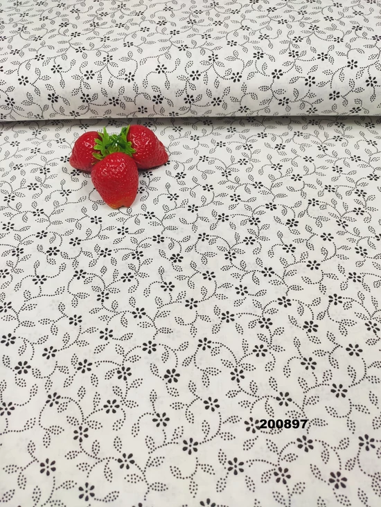 mintás pamutvászon /6 szirmú virág/ fehér-fekete