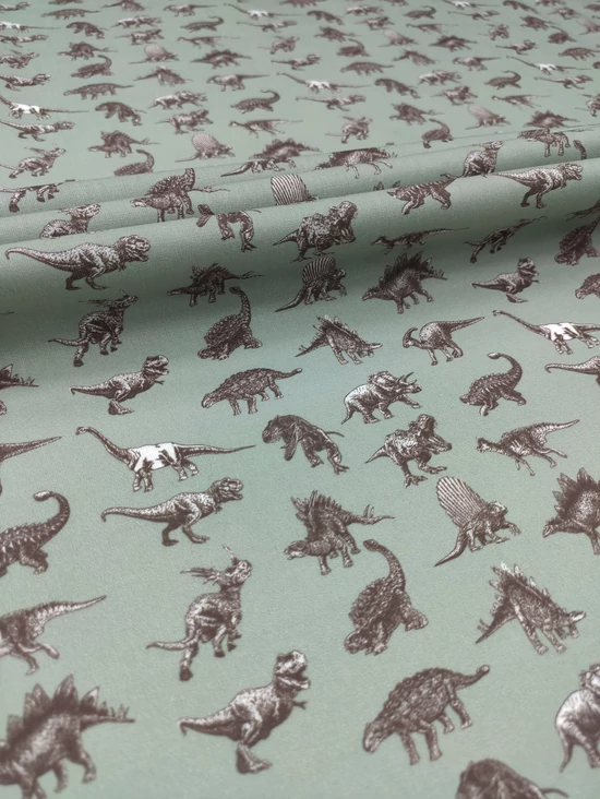 mintás pamutvászon DIGITAL PRINT /dinoszauruszok (Stegosaurus 3,5cmx2,5cm) /világos petrolzöld