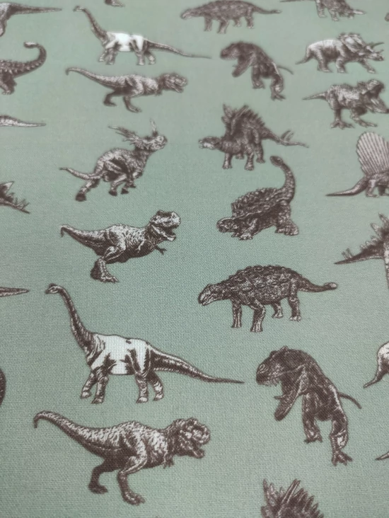 mintás pamutvászon DIGITAL PRINT /dinoszauruszok (Stegosaurus 3,5cmx2,5cm) /világos petrolzöld