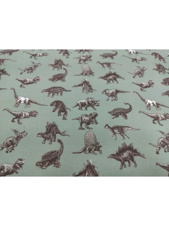 mintás pamutvászon DIGITAL PRINT /dinoszauruszok (Stegosaurus 3,5cmx2,5cm) /világos petrolzöld