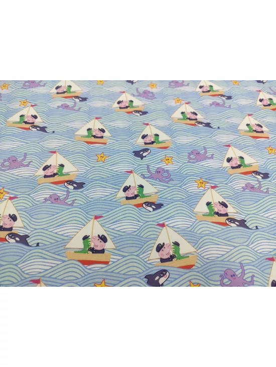 mintás pamutvászon DIGITAL PRINT/Peppa malac vitorlázik (vitorlás hajó 4cmx3,5cm) /kék 