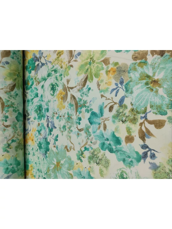 kevertszálas mintás vászon /festett virágok (nagy rózsa 20.5cm×18.5cm) /türkizkék-drapp