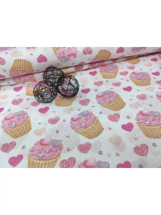 mintás pamutvászon /szívecskés muffinok (muffin 6cm×8cm) /rózsaszín-fehér