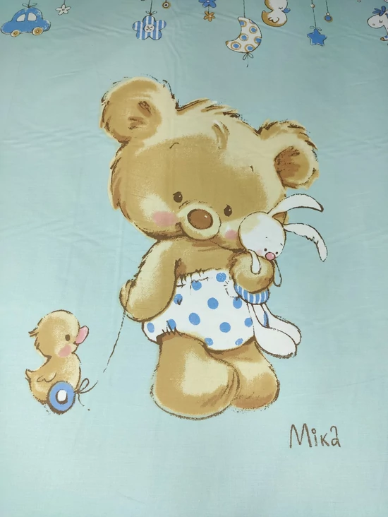 mintás pamutvászon /PANELes bordűrös /maci kacsával (maci 53cm×40cm) /kék