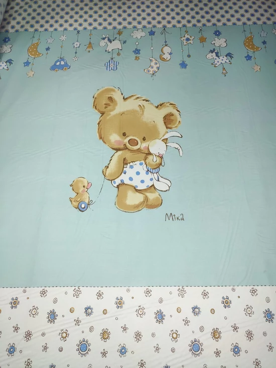 mintás pamutvászon /PANELes bordűrös /maci kacsával (maci 53cm×40cm) /kék