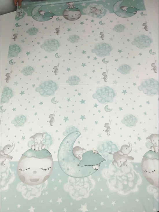 mintás pamutvászon /bordűrös /holdon alvó elefántok (elefánt madárral 25cm×24.3cm) /menta