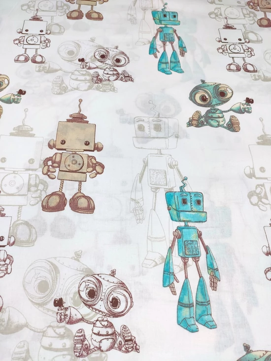 mintás pamutvászon /robotok (drapp robot 16cm×7cm) /fehér
