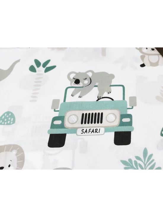 mintás pamutvászon /állatok a Safariban (dzsipes majom 13.5cm×13cm) /fehér-petrol