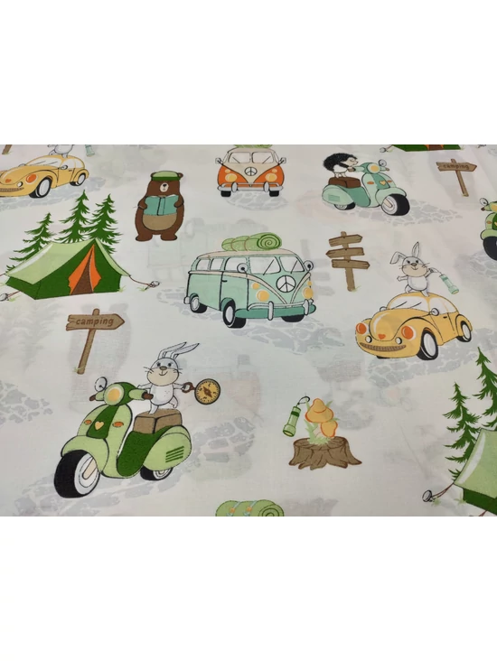 mintás pamutvászon /kiránduló állatok (süni motorral 8cm×8.5cm) /fehér-narancsárga