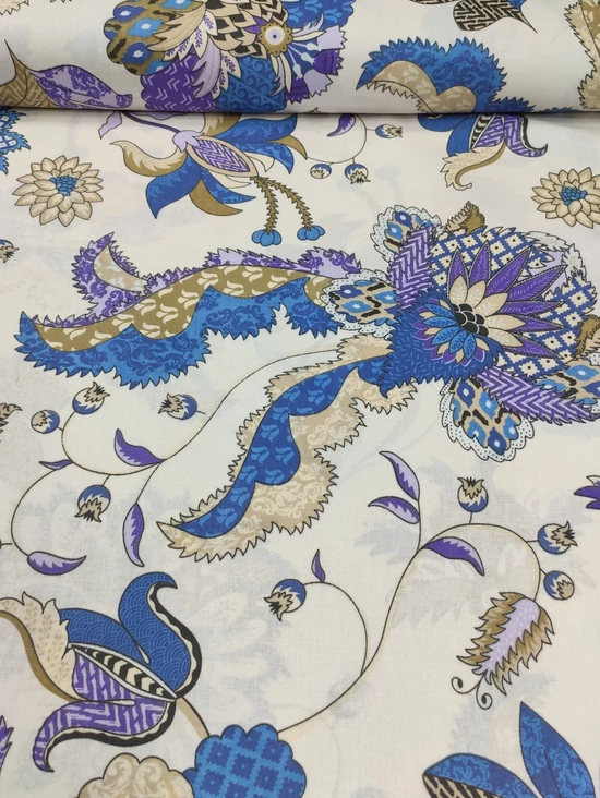 mintás pamutvászon /díszes keleti virágok (legnagyob virág 19cm×20.9cm) /drapp-sötétkék