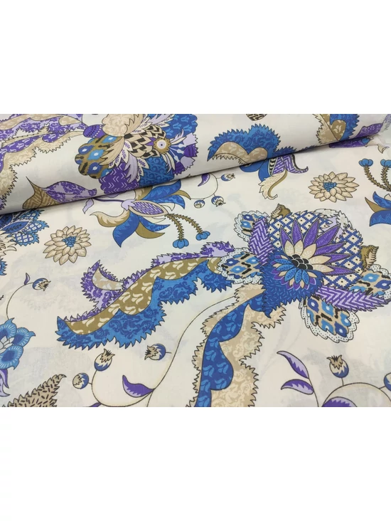 mintás pamutvászon /díszes keleti virágok (legnagyob virág 19cm×20.9cm) /drapp-sötétkék