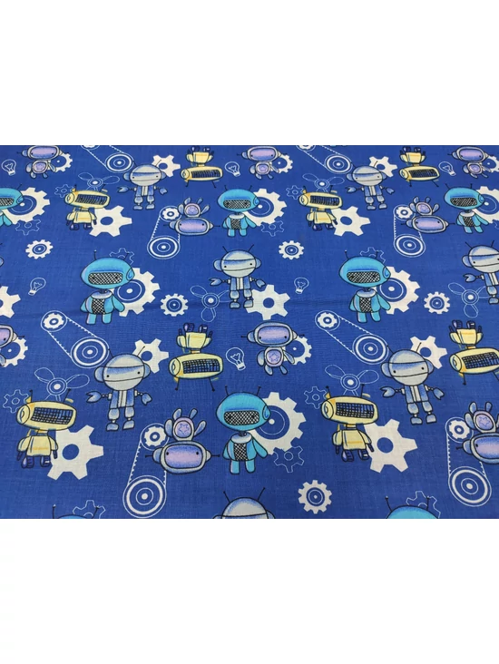 mintás pamutvászon /kék robotok (türkiz robot 4,5cm×7.5cm) /sötét farmerkék