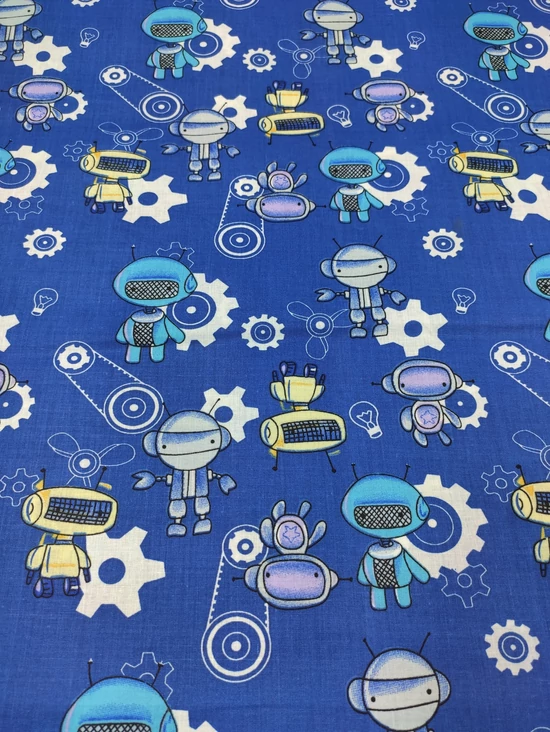 mintás pamutvászon /kék robotok (türkiz robot 4,5cm×7.5cm) /sötét farmerkék