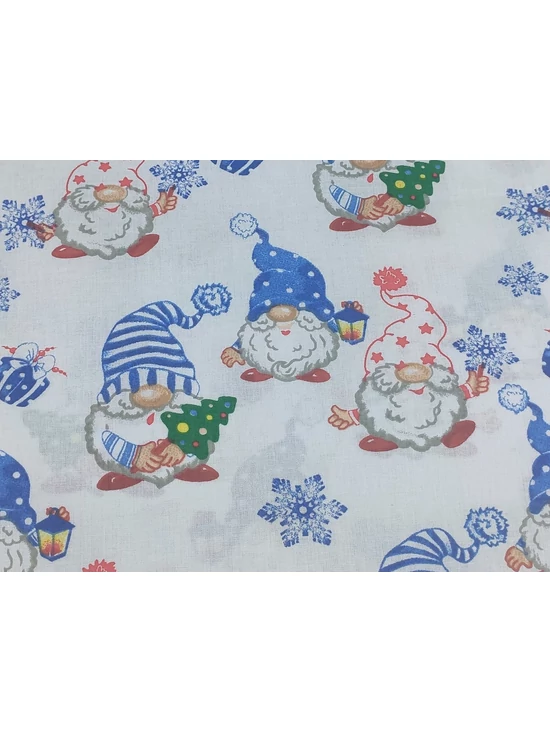 mintás pamutvászon /karácsonyi készülődés (manó karácsonyfával 6.2cm×8.7cm) /fehér-kék