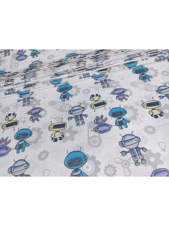 mintás pamutvászon /kék robotok (türkiz robot 4.5cm×7.5cm) /fehér