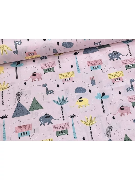 mintás pamutvászon /állatok a pálmafa alatt (szürke elefánt 5.8cm×3.5cm) /világos rózsaszín