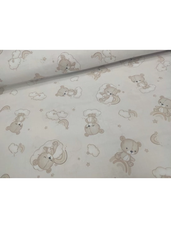 mintás pamutvászon /felhőn ámodó plüssmaci (szivárványon ülő maci 7.5cm×5cm) /drapp