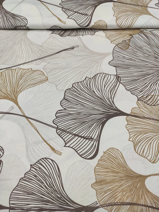 mintás pamutvászon /barna-drapp ginko biloba levelek (legnagyobb levél 35cm×61cm) /törtfehér