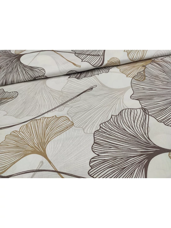 mintás pamutvászon /barna-drapp ginko biloba levelek (legnagyobb levél 35cm×61cm) /törtfehér